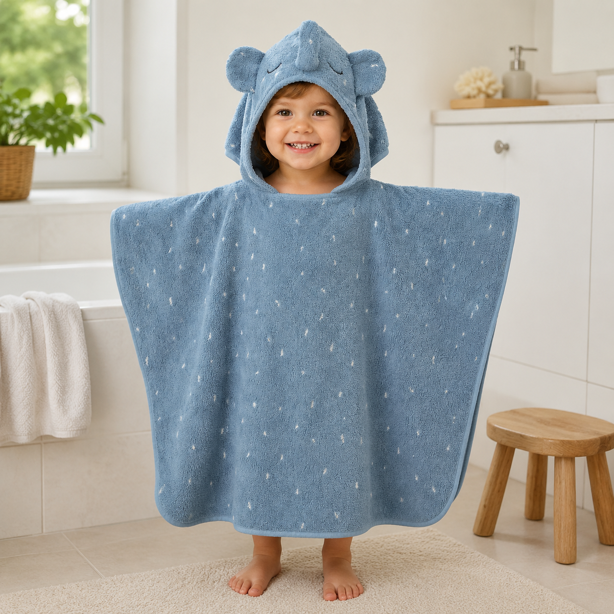 Kinder-Badeponcho aus Bio-Baumwolle – Mrs. Elephant – getragen nach dem Baden