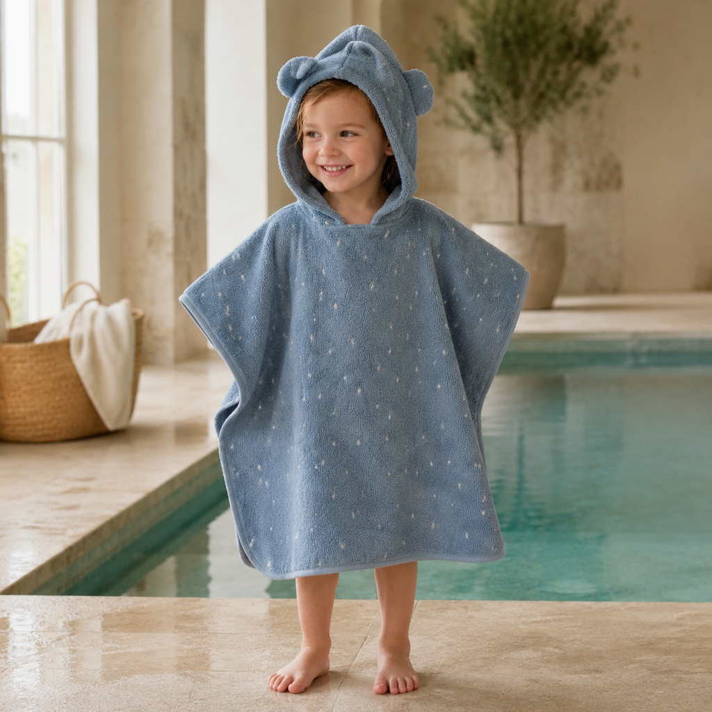Kinder-Badeponcho aus Bio-Baumwolle – Mrs. Elephant – getragen am Schwimmbad