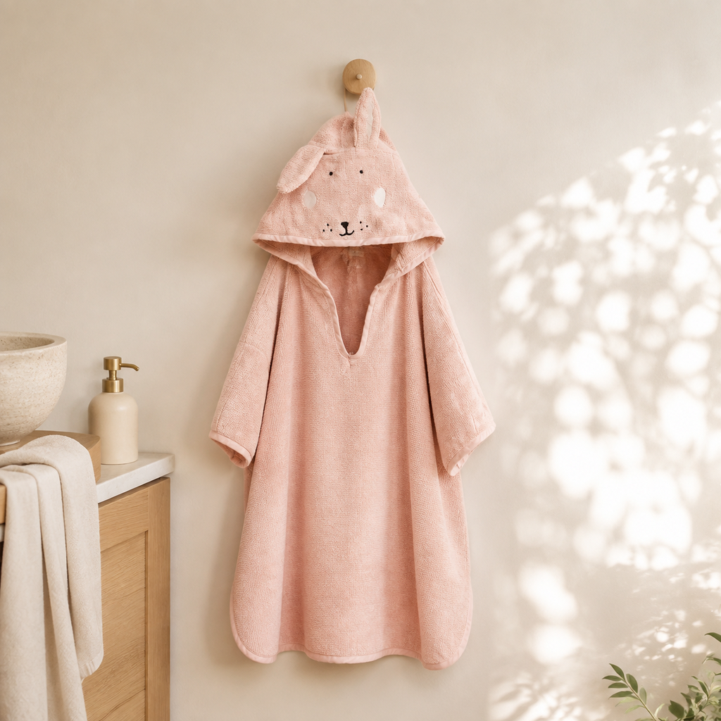Kinder-Badeponcho aus Bio-Baumwolle – Mrs. Rabbit – Premium-Hauptbild im hellen Familienbad