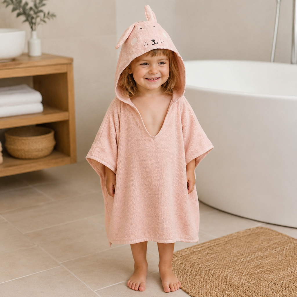 Kinder-Badeponcho aus Bio-Baumwolle – Mrs. Rabbit – getragen nach dem Baden