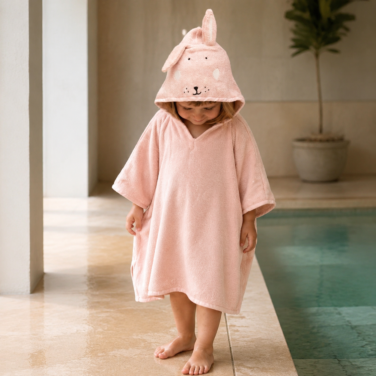 Kinder-Badeponcho aus Bio-Baumwolle – Mrs. Rabbit – getragen am Schwimmbad