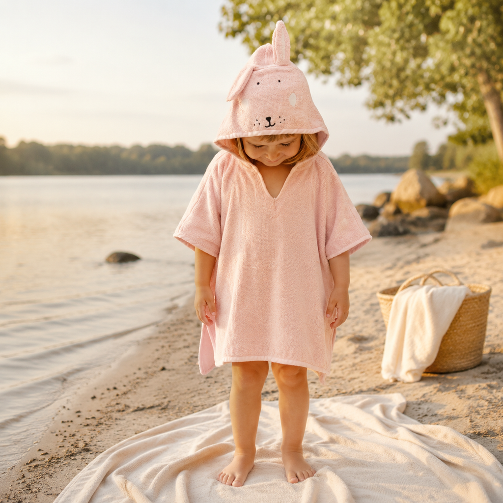 Kinder-Badeponcho aus Bio-Baumwolle – Mrs. Rabbit – getragen im sommerlichen Outdoor-Ambiente