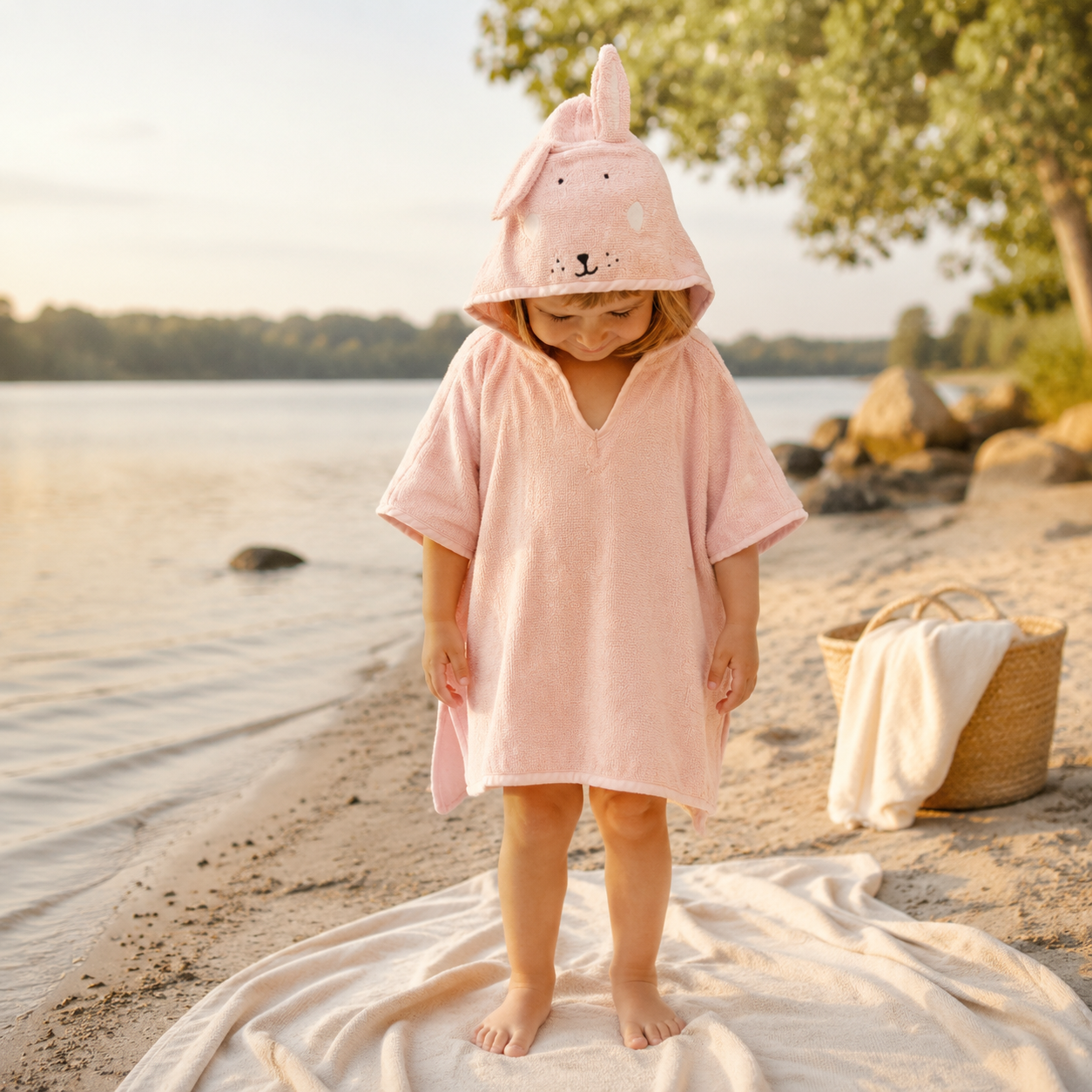 Kinder-Badeponcho aus Bio-Baumwolle – Mrs. Rabbit – getragen im sommerlichen Outdoor-Ambiente