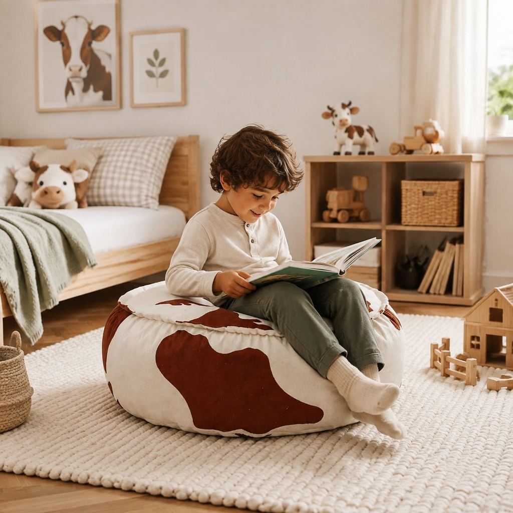 Kinder-Sitzsack Kuh in gemütlichem Kinderzimmer – bees&blooms