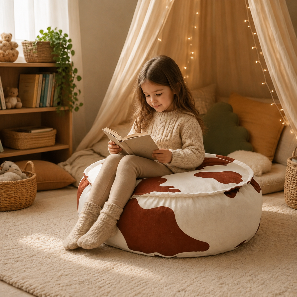 Kinder-Sitzsack Kuh in warmer Leseecke – bees&blooms