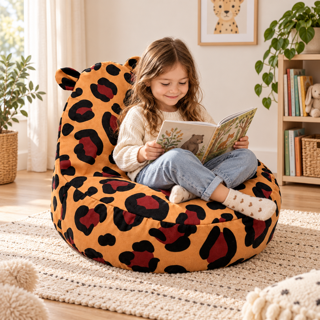 Kind liest im Kinder-Sitzsack Teddy Leopard in gemütlicher Leseecke – bees&blooms