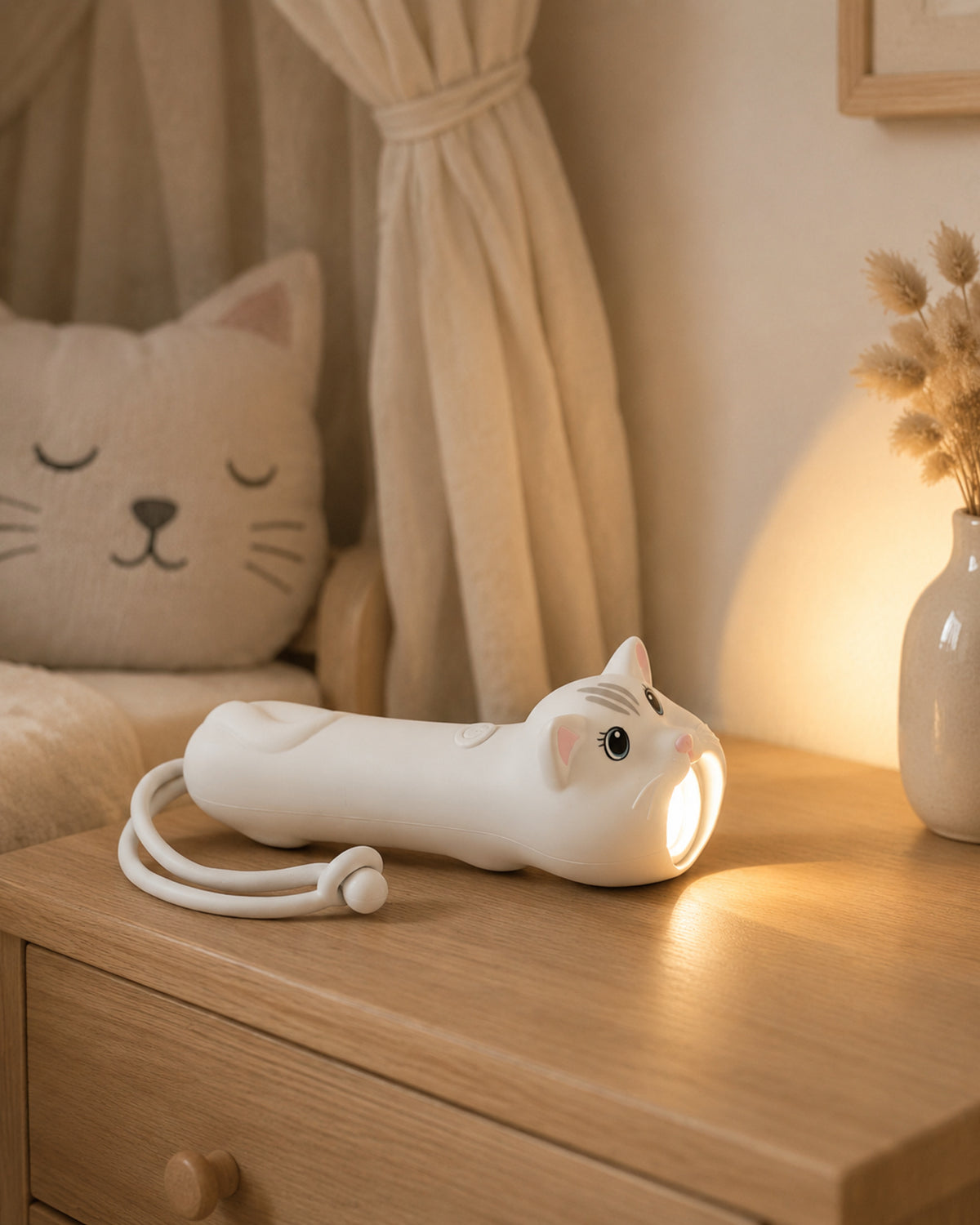 Kinder-Taschenlampe Katze Mimi am Kinderbett – Hochformat