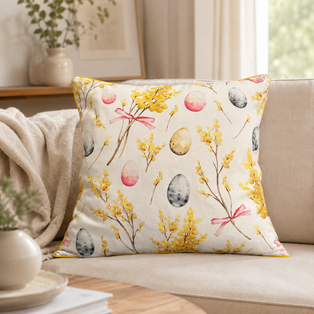 Kissenbezug Easter Happy aus 100 % Baumwolle – im eleganten Wohnzimmer
