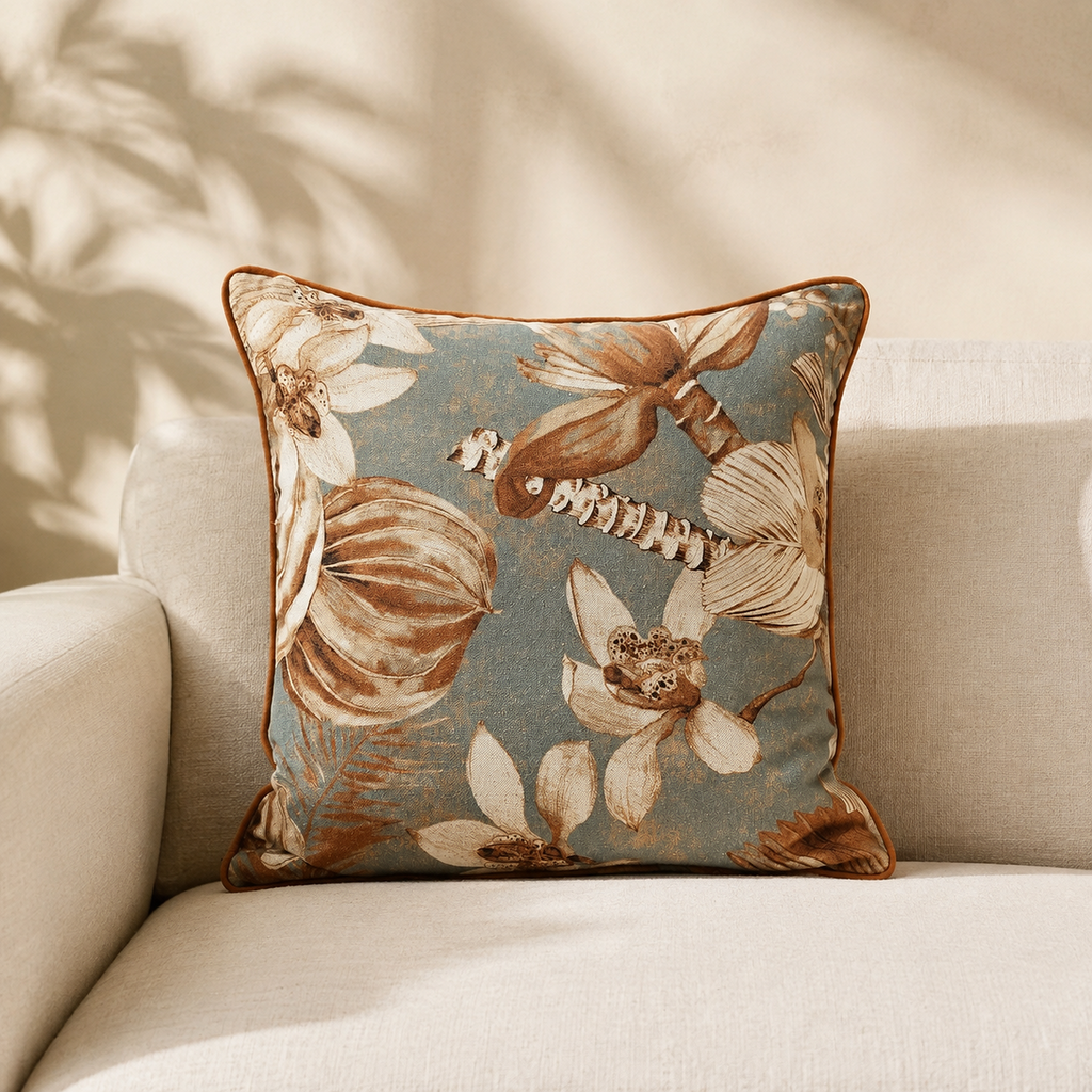 Kissenbezug Terra Flora aus Baumwolle & Leinen – Premium-Hauptbild auf einem hellen Leinensofa