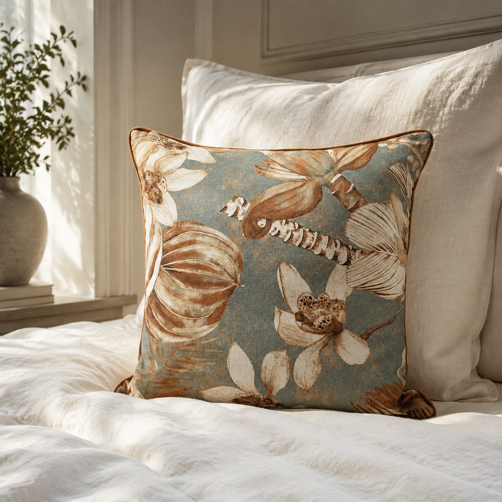 Kissenbezug Terra Flora aus Baumwolle & Leinen – im ruhigen Schlafzimmer