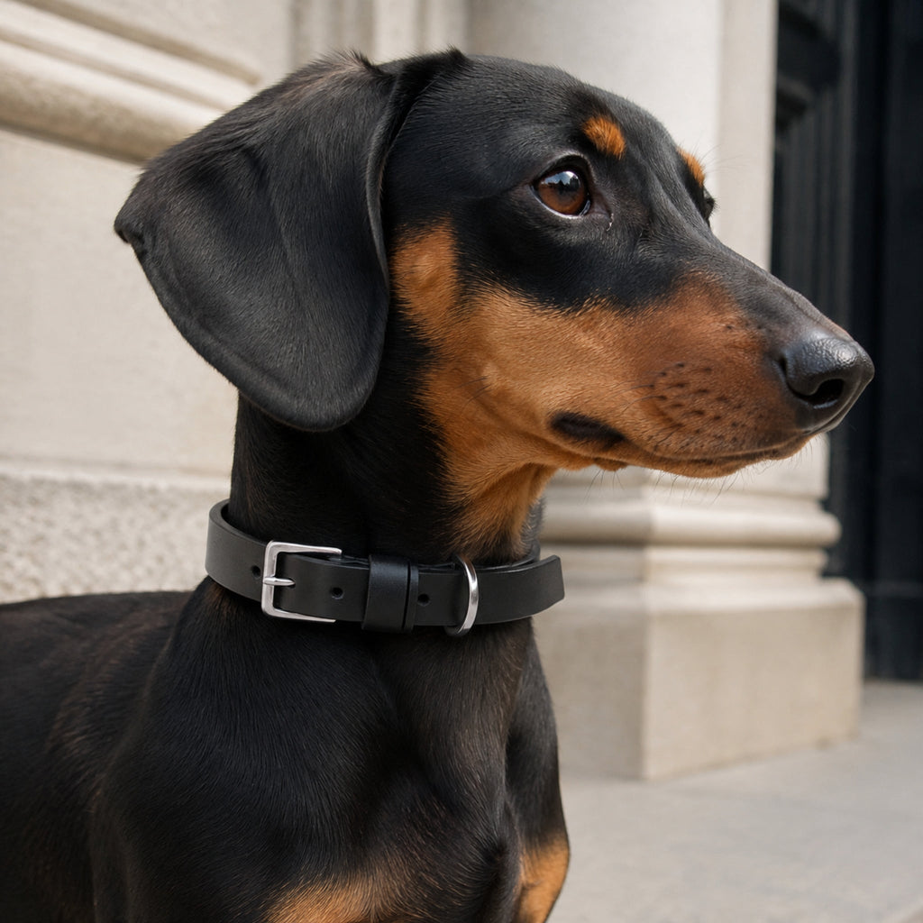 Schwarzes Kollu Lederhalsband beim eleganten Stadtspaziergang