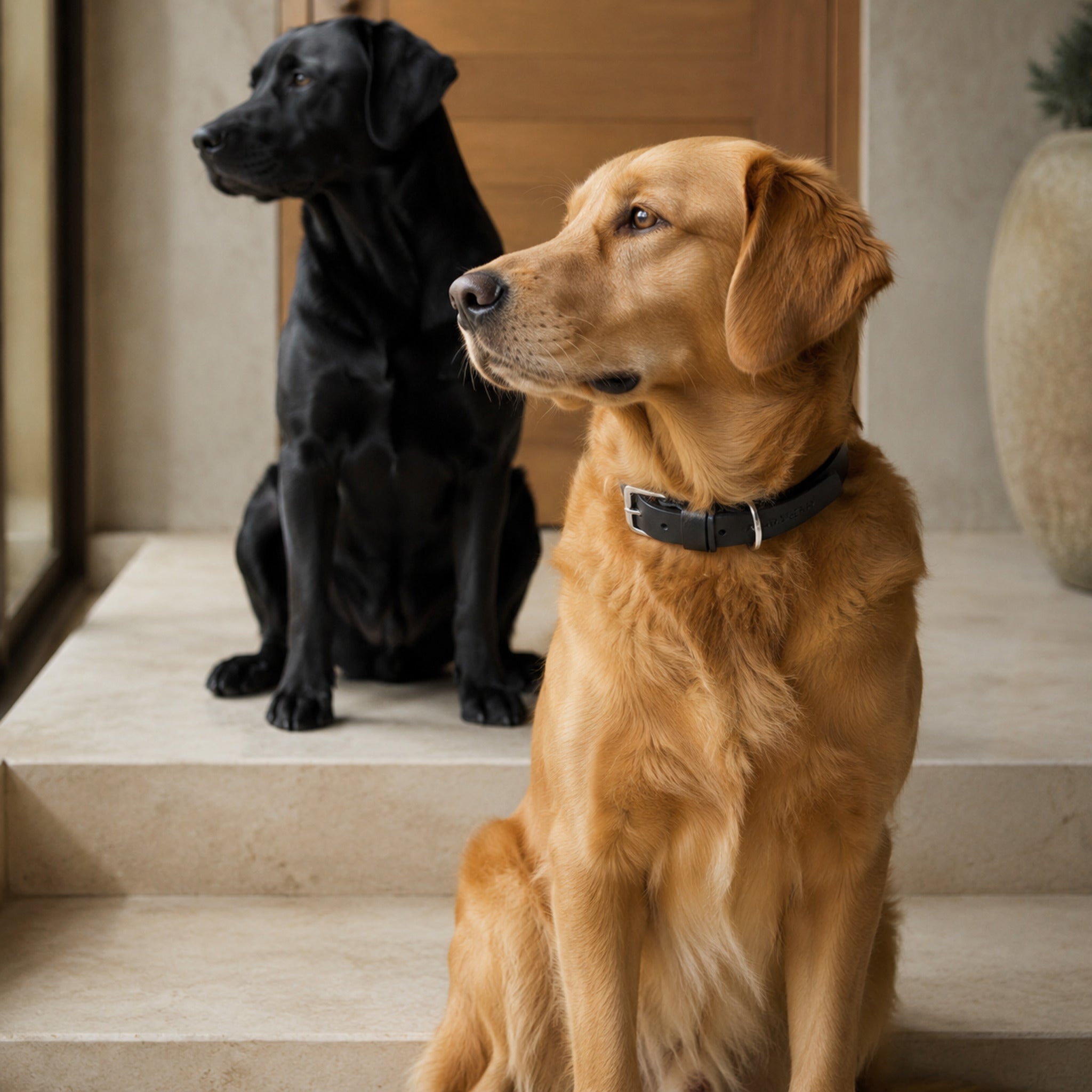 Kollu Hundehalsband Schwarz mit zwei Hunden im stilvollen Eingangsbereich