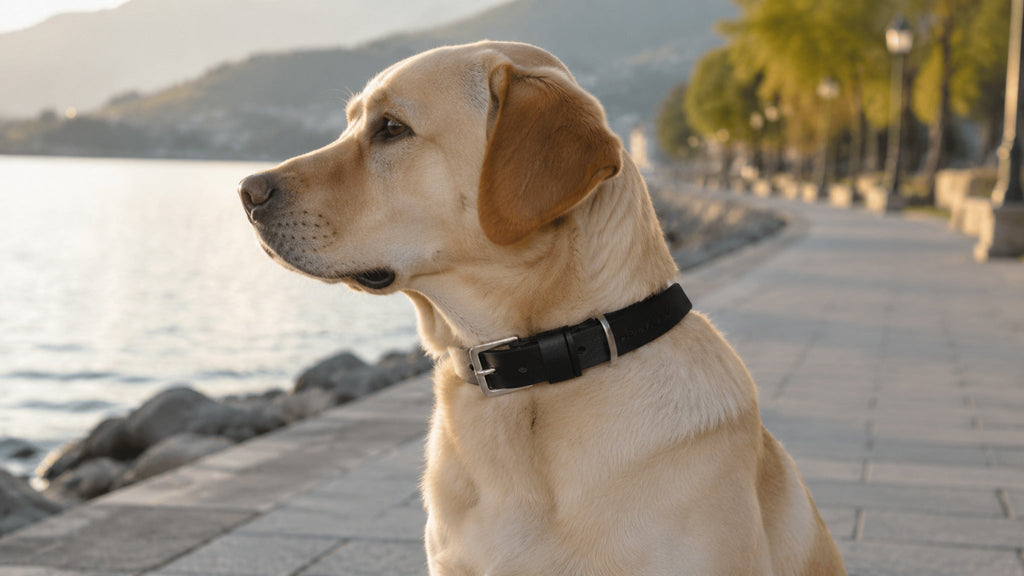 Schwarzes Kollu Lederhalsband am Hund auf einer Seepromenade
