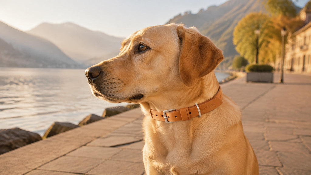 Camelfarbenes Lederhalsband Kollu am Hund auf einer Seepromenade