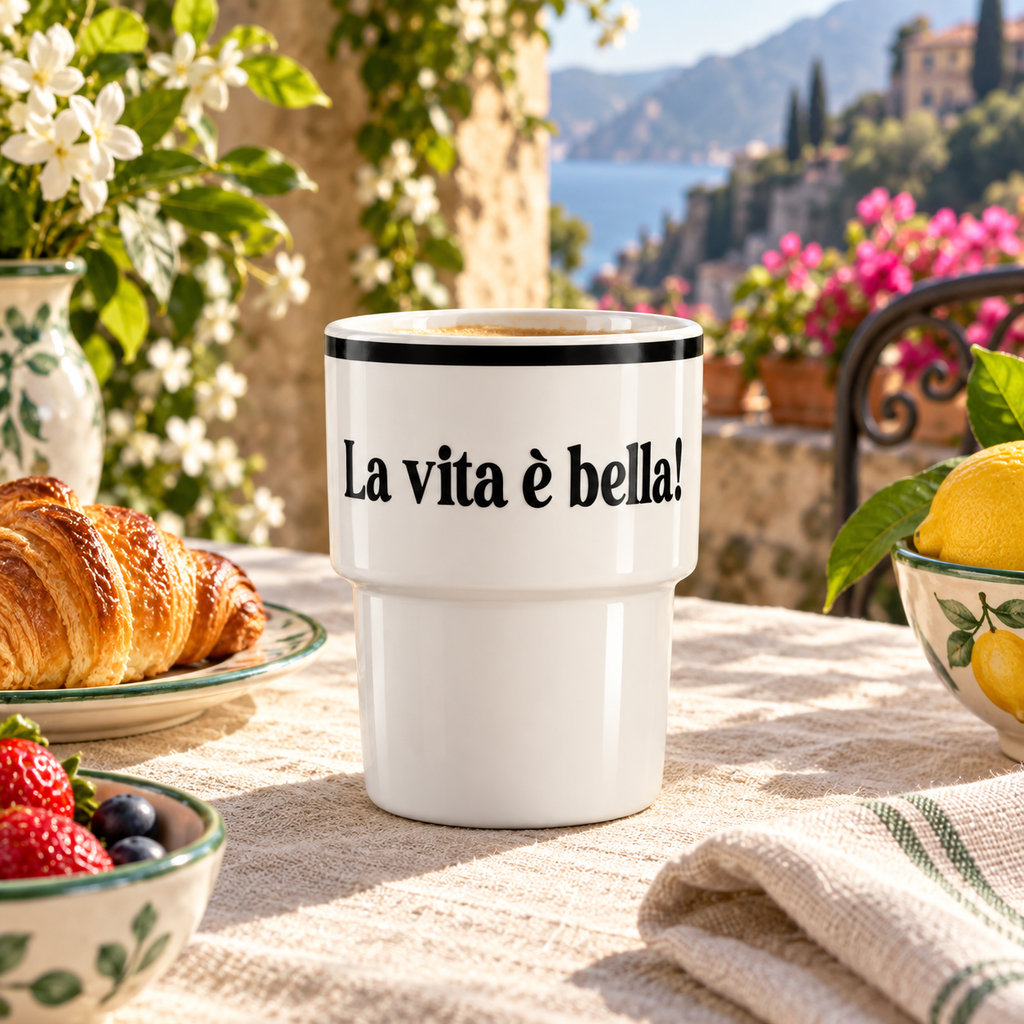Keramiktasse La Vita è Bella in italienischer Atmosphäre – quadratisch