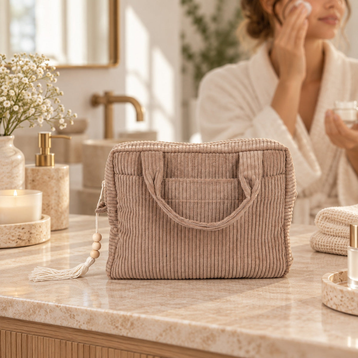 Kosmetiktasche Latte auf dem Badezimmer-Waschtisch | Elena Home Living