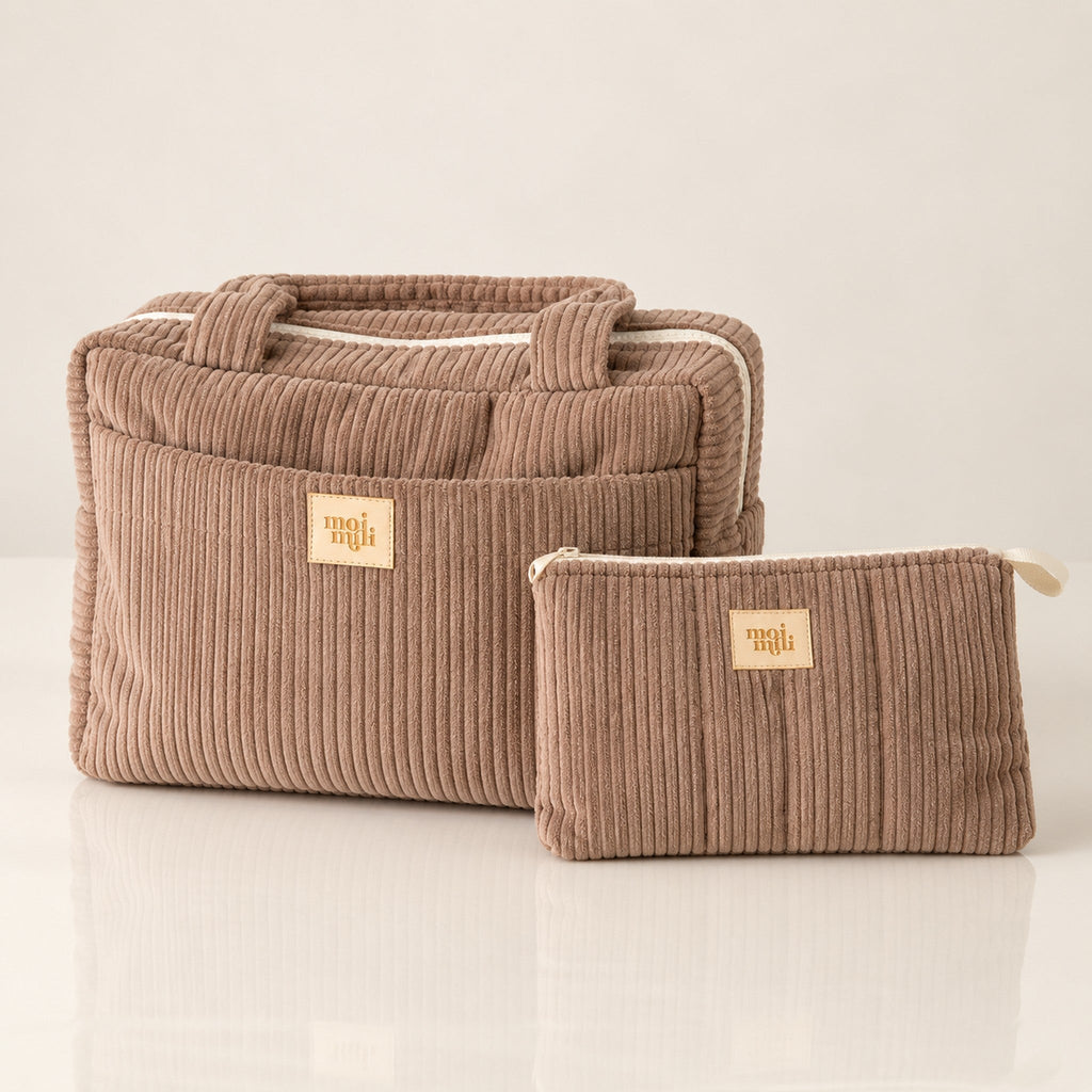 Kosmetiktaschen-Set Latte, zwei Cordtaschen mit Spiegelung | Elena Home Living