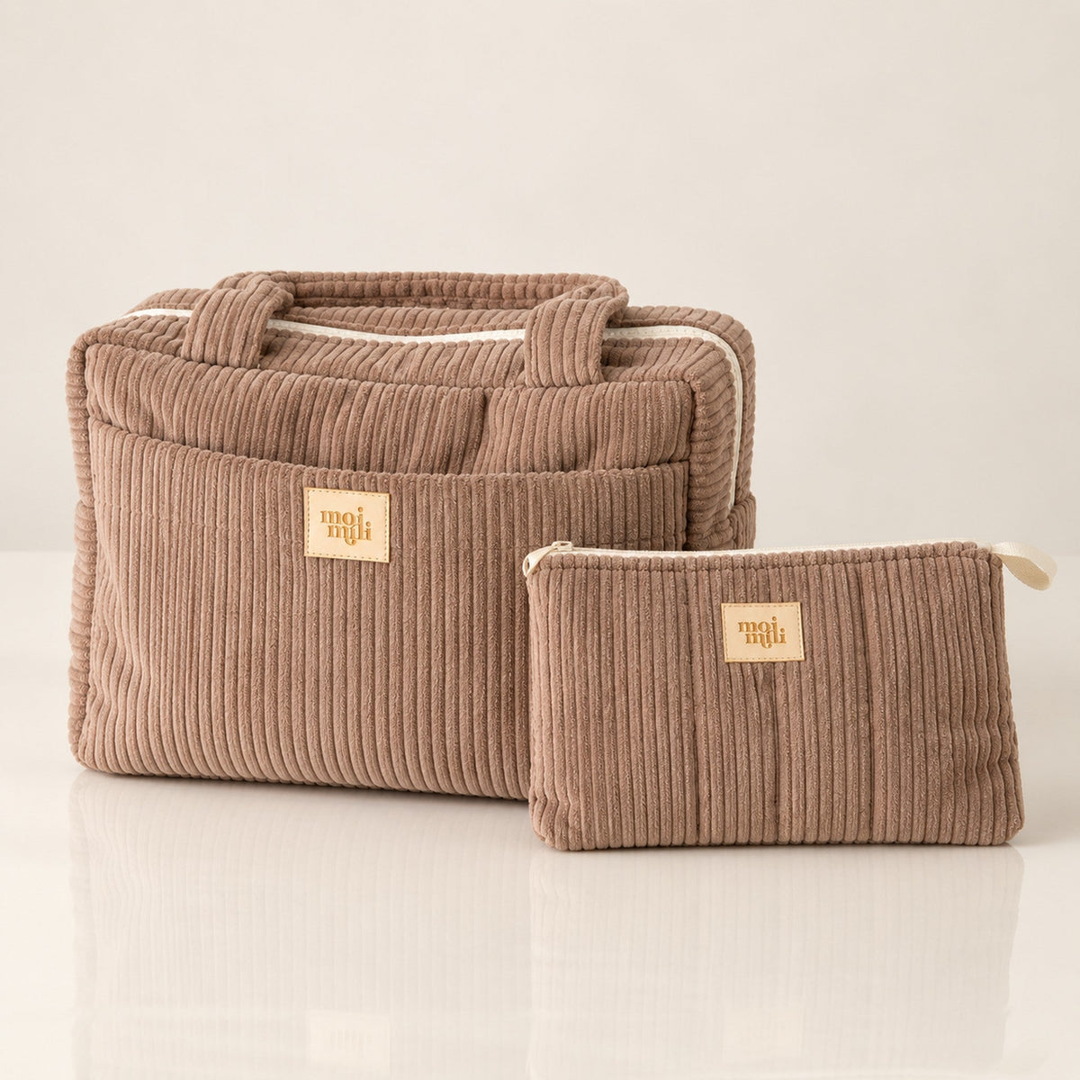 Kosmetiktaschen-Set Latte, zwei Cordtaschen mit Spiegelung | Elena Home Living