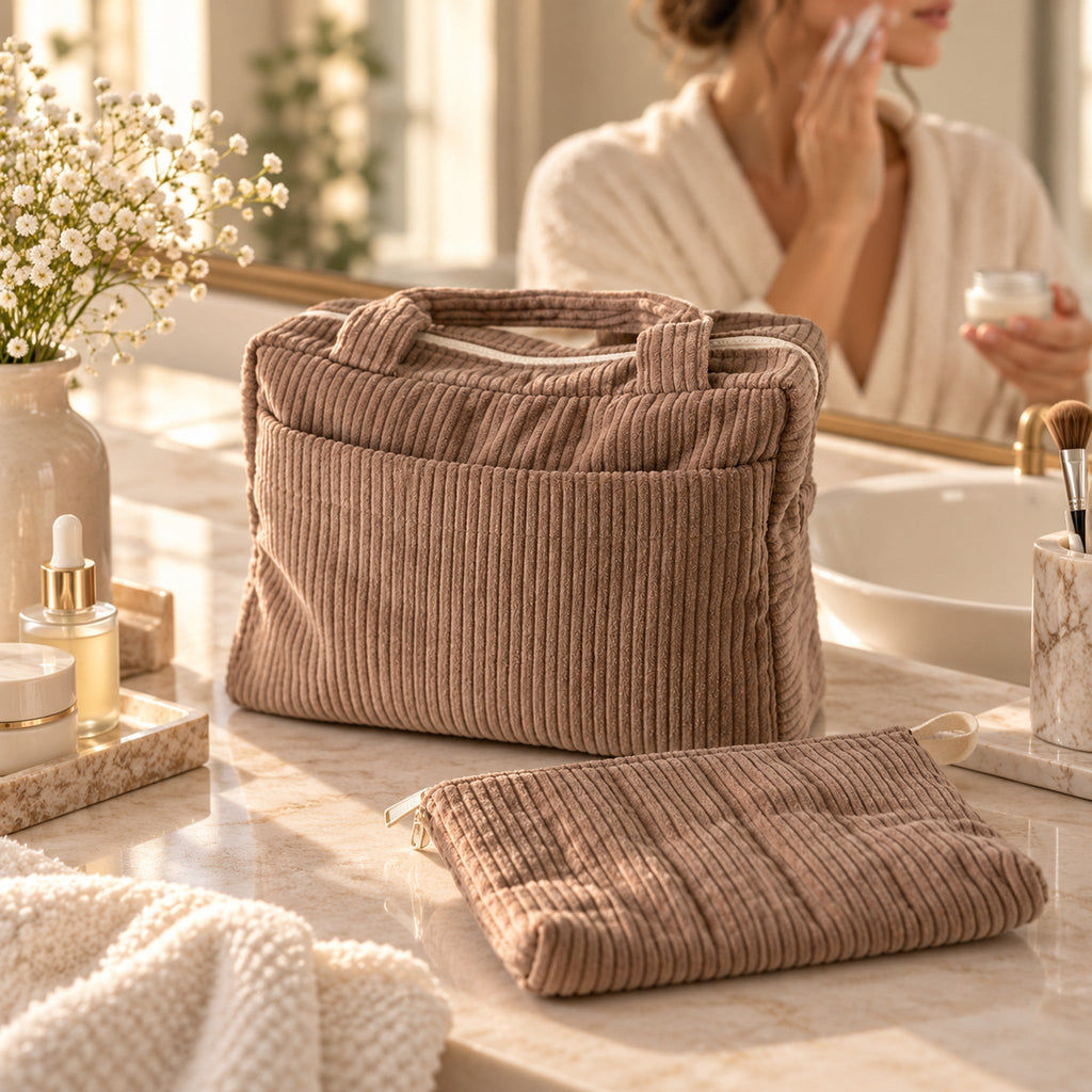 Zweiteiliges Kosmetiktaschen-Set Latte im Badezimmer | Elena Home Living