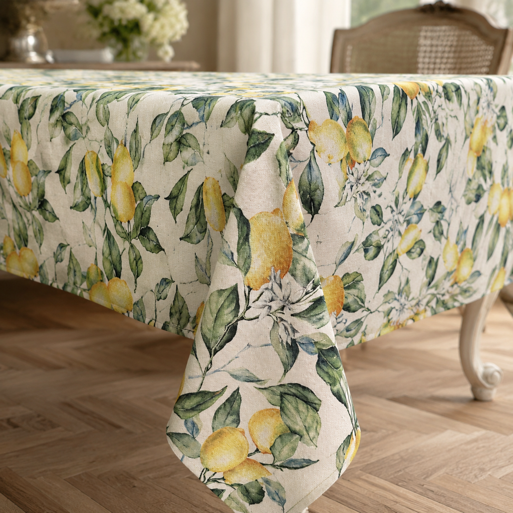 Tischdecke Lemon Linen aus Baumwolle & Leinen – Detail von Stoff, Saum und Originalmuster