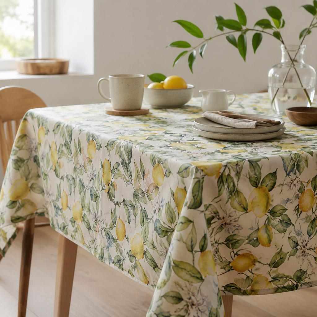 Tischdecke Lemon Linen aus Baumwolle & Leinen – stilvolle Frühstückstafel im Tageslicht