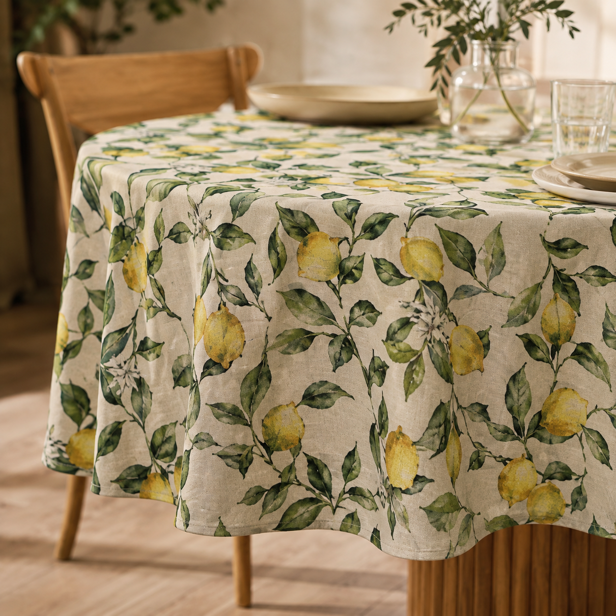 Runde Tischdecke Lemon Linen – Detail von Stoff, Saum und Originalmuster