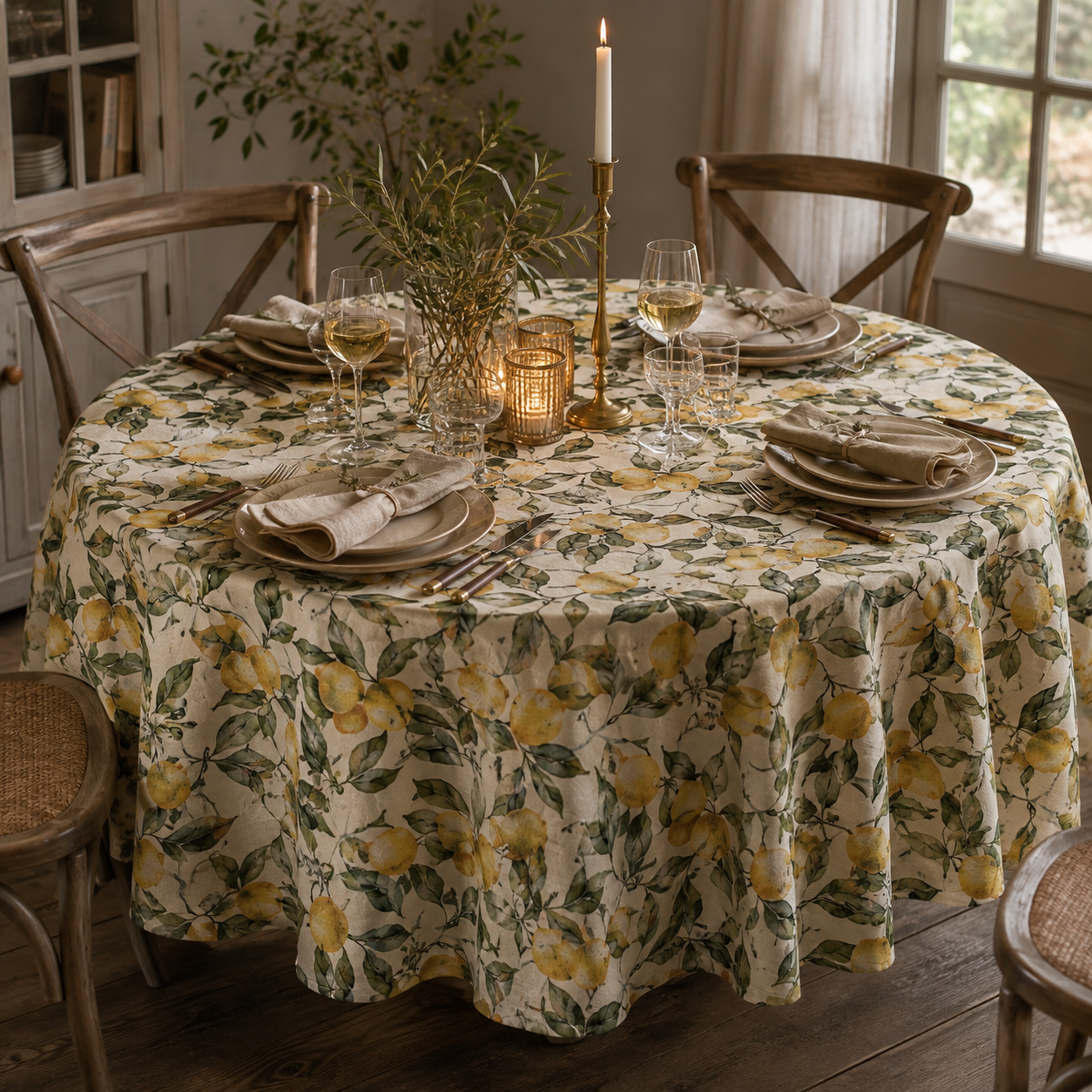 Runde Tischdecke Lemon Linen – elegante Dinner-Atmosphäre
