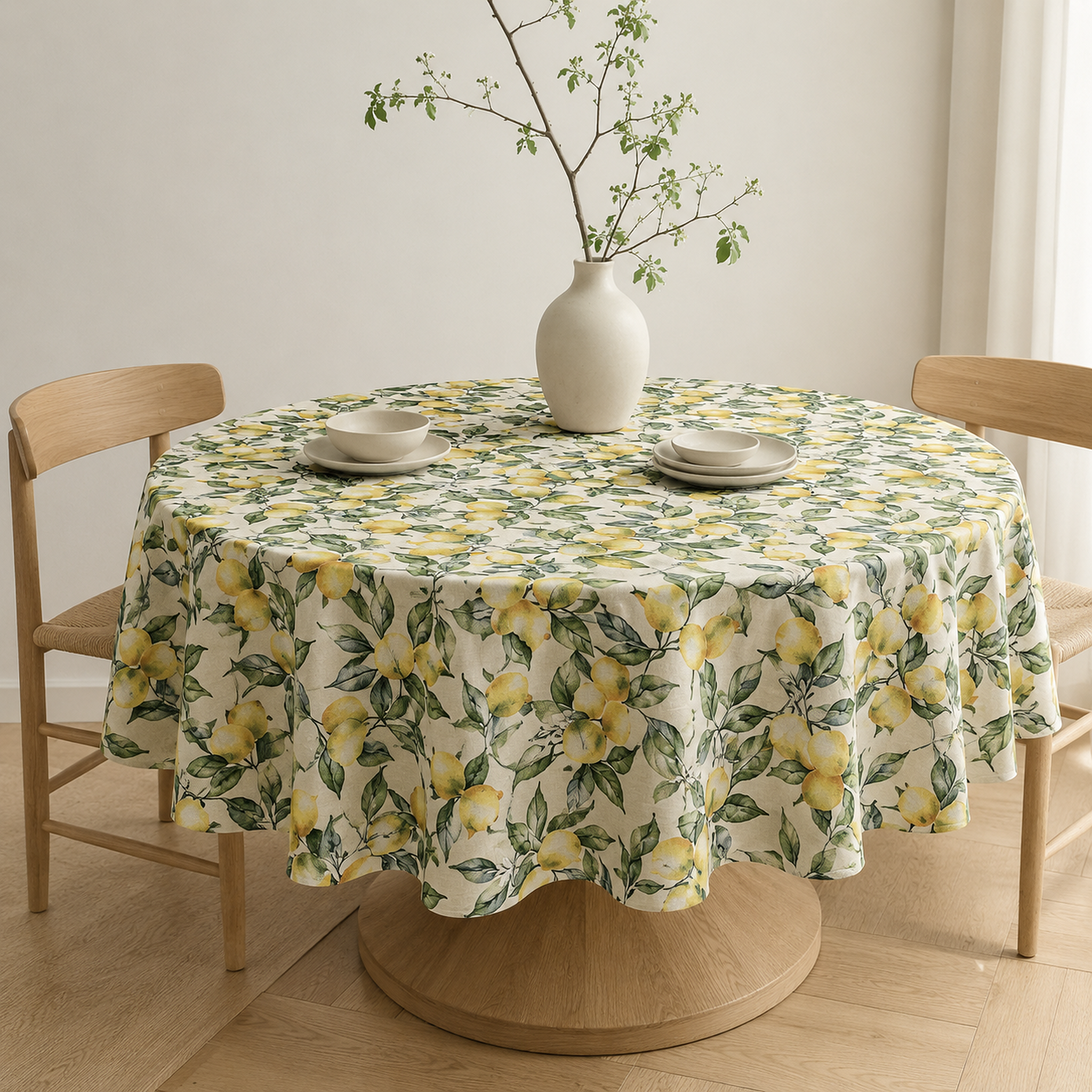Runde Tischdecke Lemon Linen – Premium Hauptbild im eleganten Esszimmer