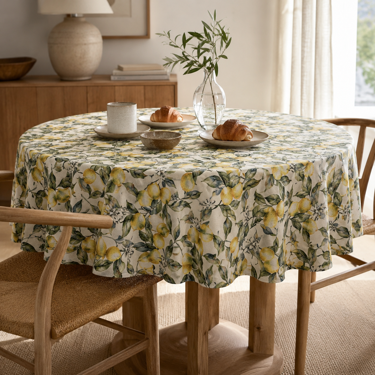 Runde Tischdecke Lemon Linen – stilvolle Frühstückstafel im Tageslicht