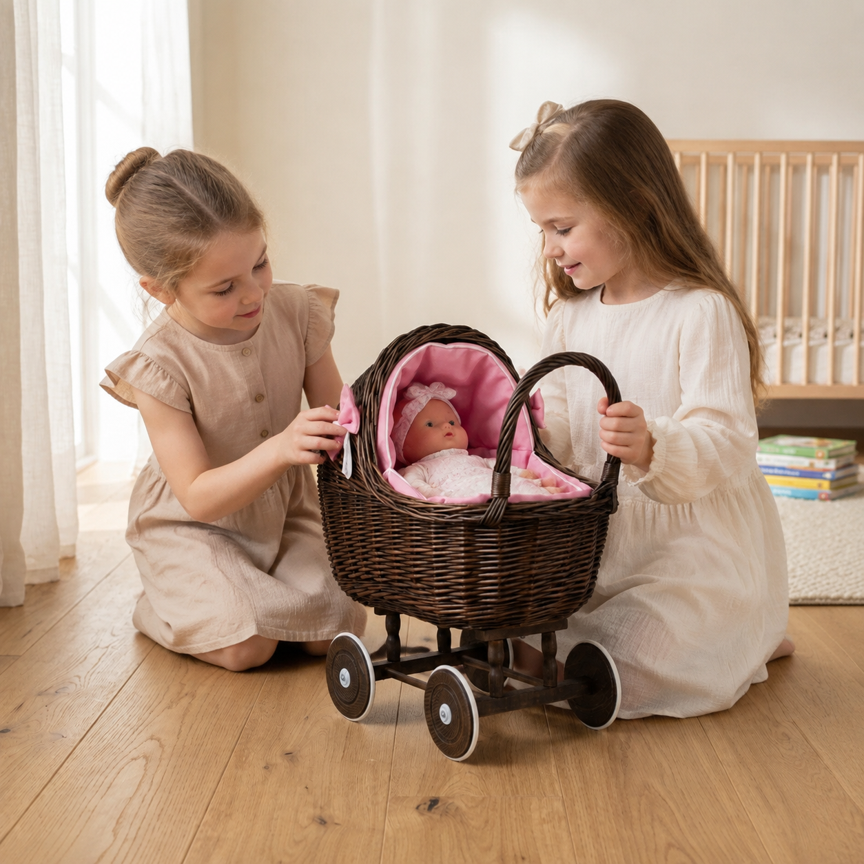 Kinder spielen mit dem Lena Weiden-Puppenwagen