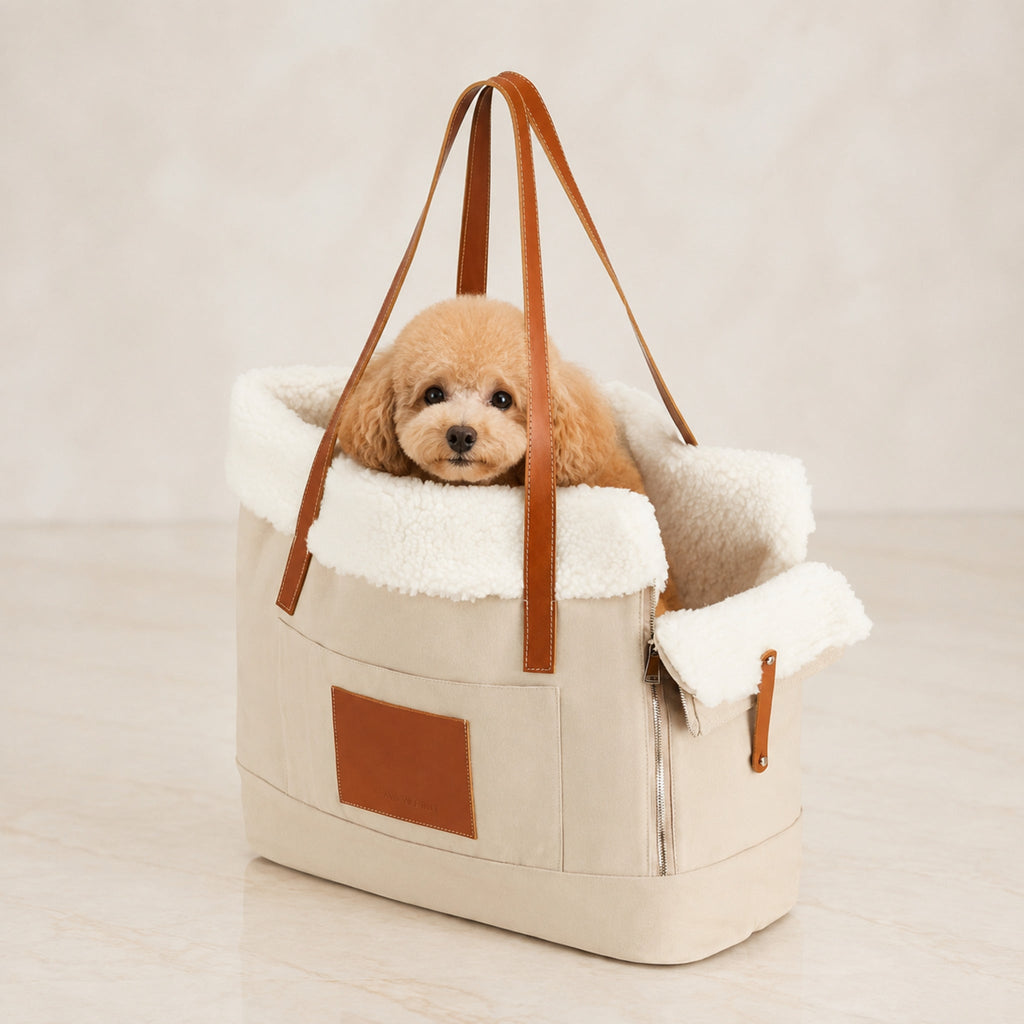 Liiva Hundetragetasche in Beige mit Pudel im hellen Premium-Studio
