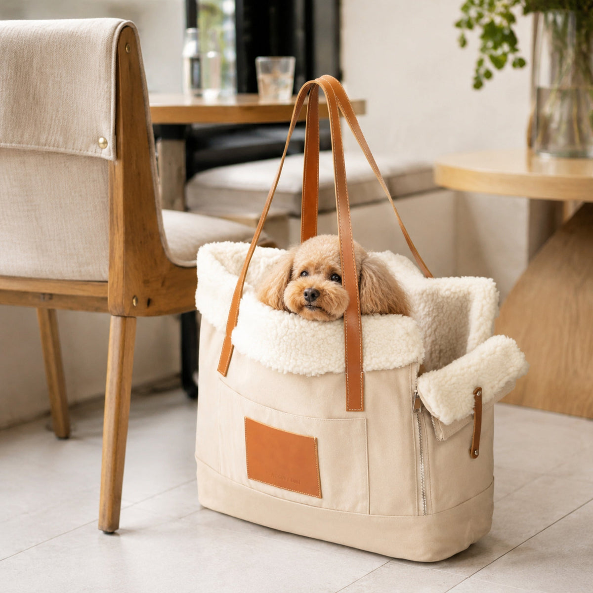 Beige Liiva Hundetasche mit kleinem Hund in einem eleganten Café