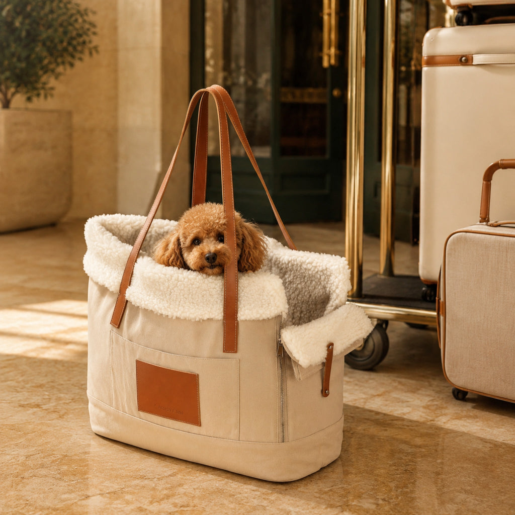 Liiva Hundetragetasche Beige mit Hund in einer luxuriösen Hotellobby