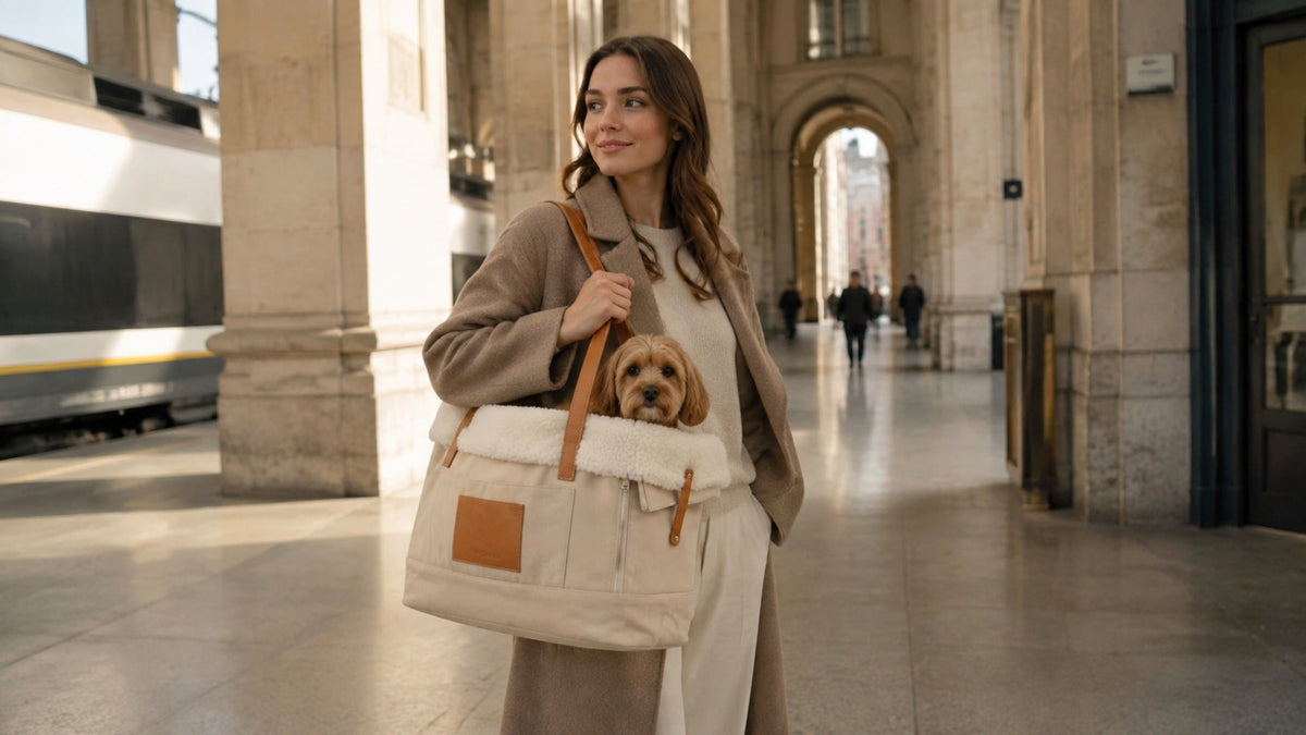 Beige Liiva Hundetasche mit kleinem Hund in einer modernen Reiseatmosphäre