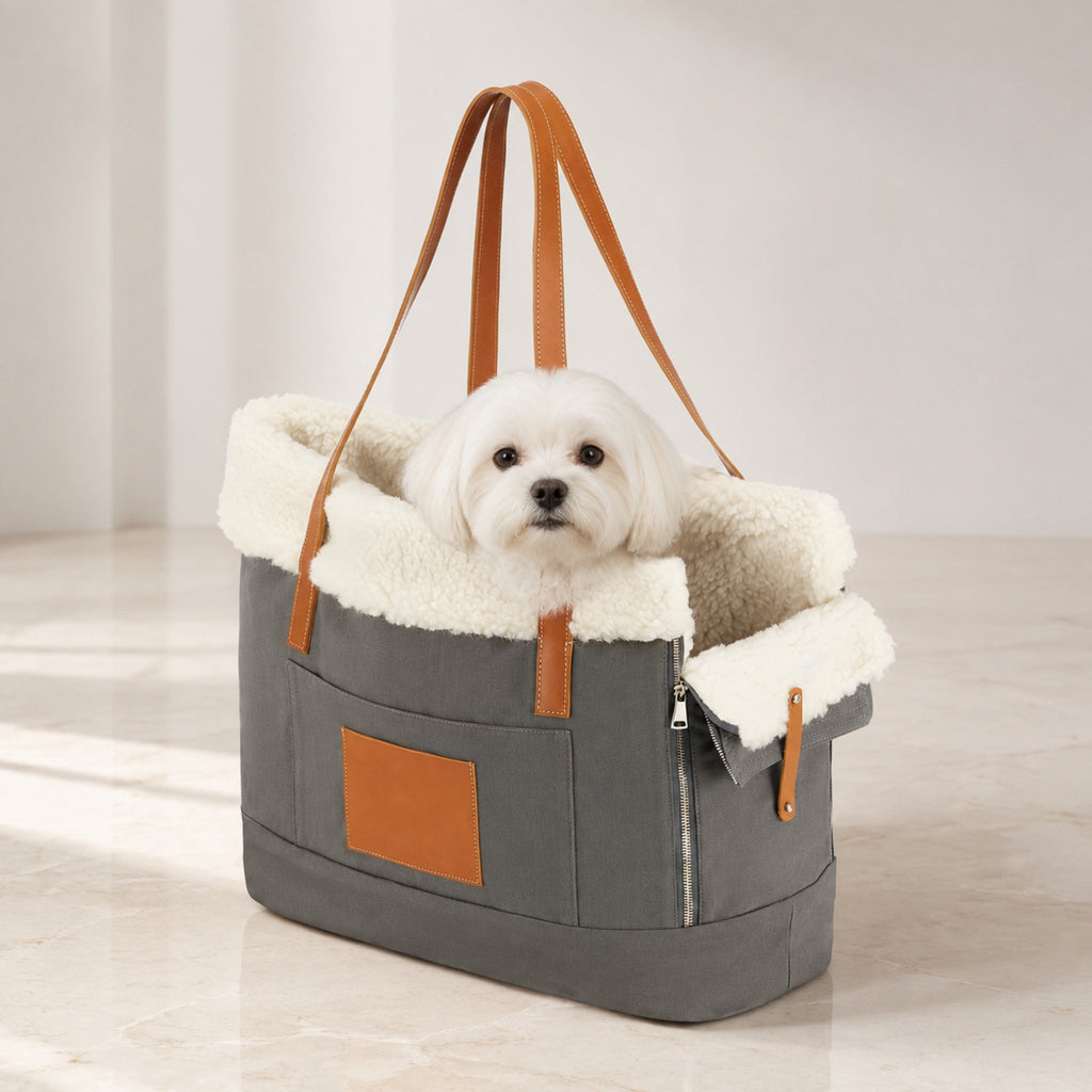 Liiva Hundetragetasche in Grau mit Malteser im hellen Premium-Studio