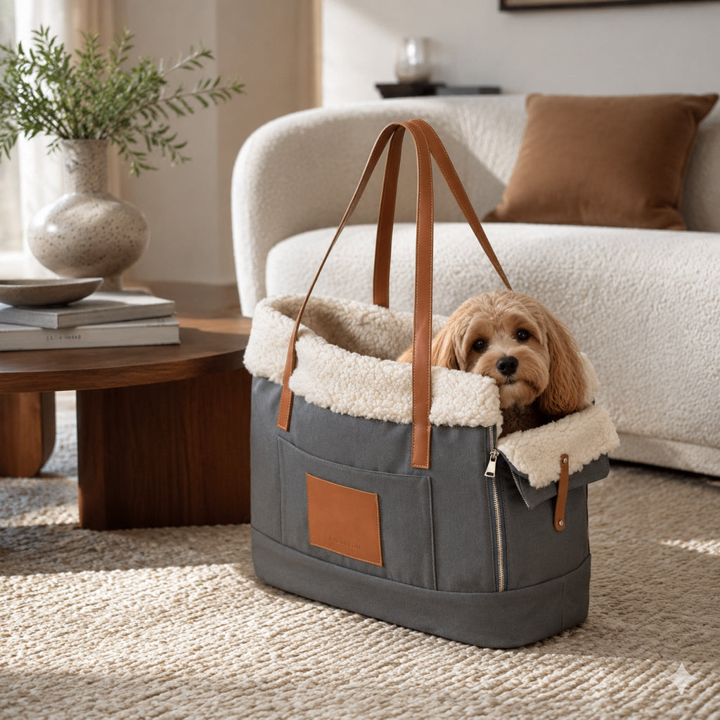 Graue Liiva Hundetasche mit kleinem Hund im modernen Wohnzimmer