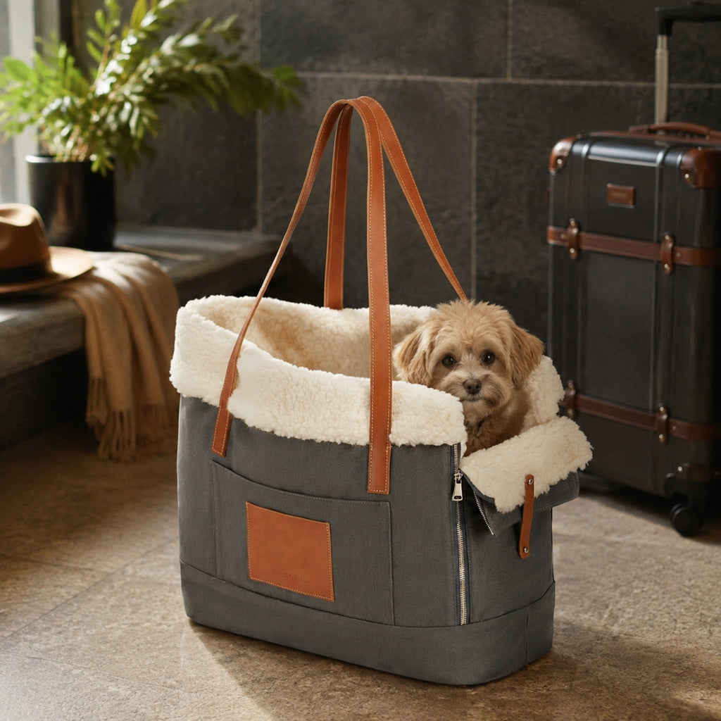 Liiva Hundetragetasche Grau mit Hund in einer stilvollen Hotellobby