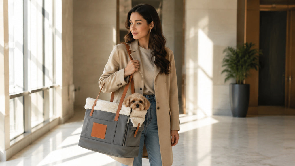 Graue Liiva Hundetasche mit kleinem Hund in einem hellen urbanen Foyer