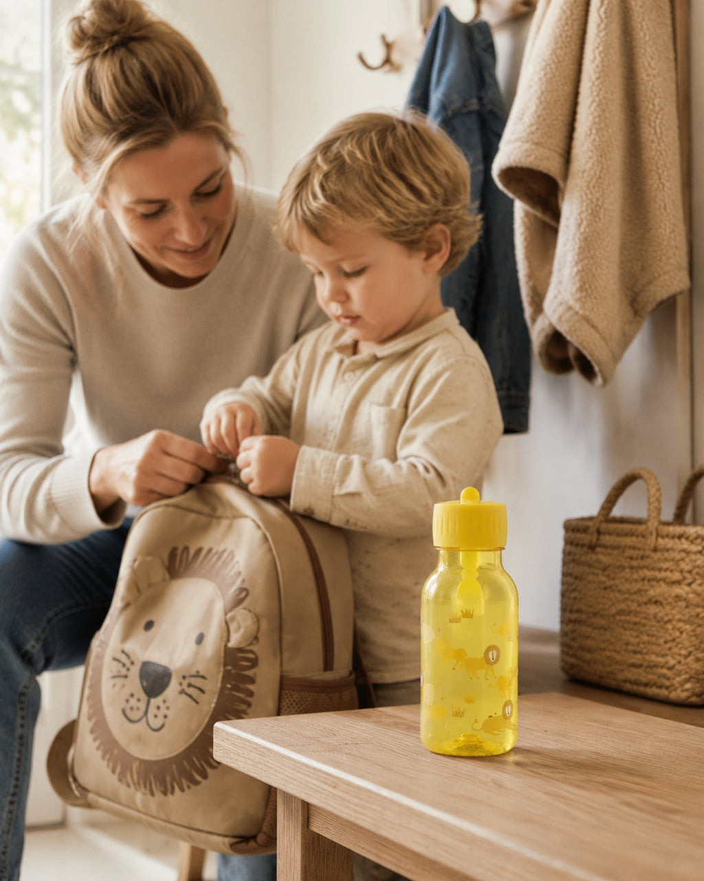 Trixie Lively Lion Kinder-Trinkflasche beim Rucksackpacken