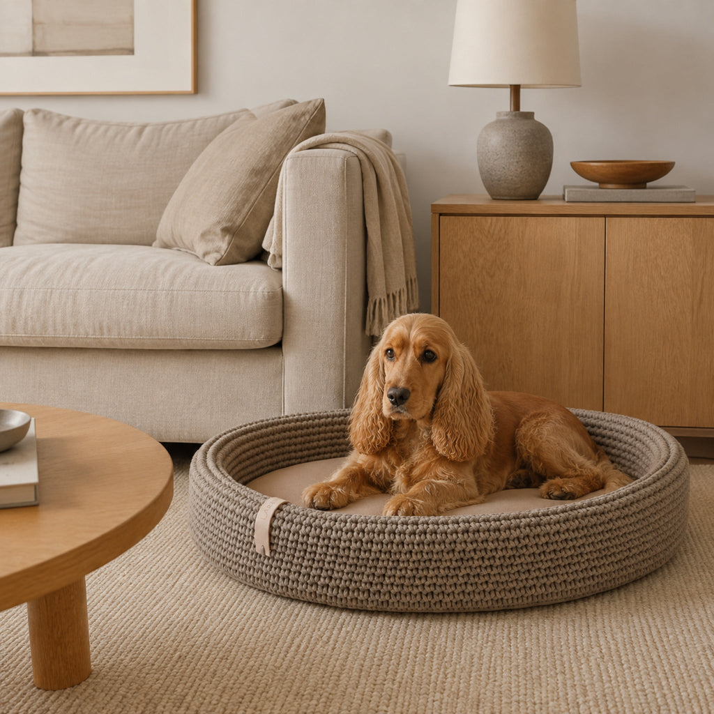 Lukko Hundebett Hellbraun mit Cocker Spaniel im stilvollen Wohnzimmer