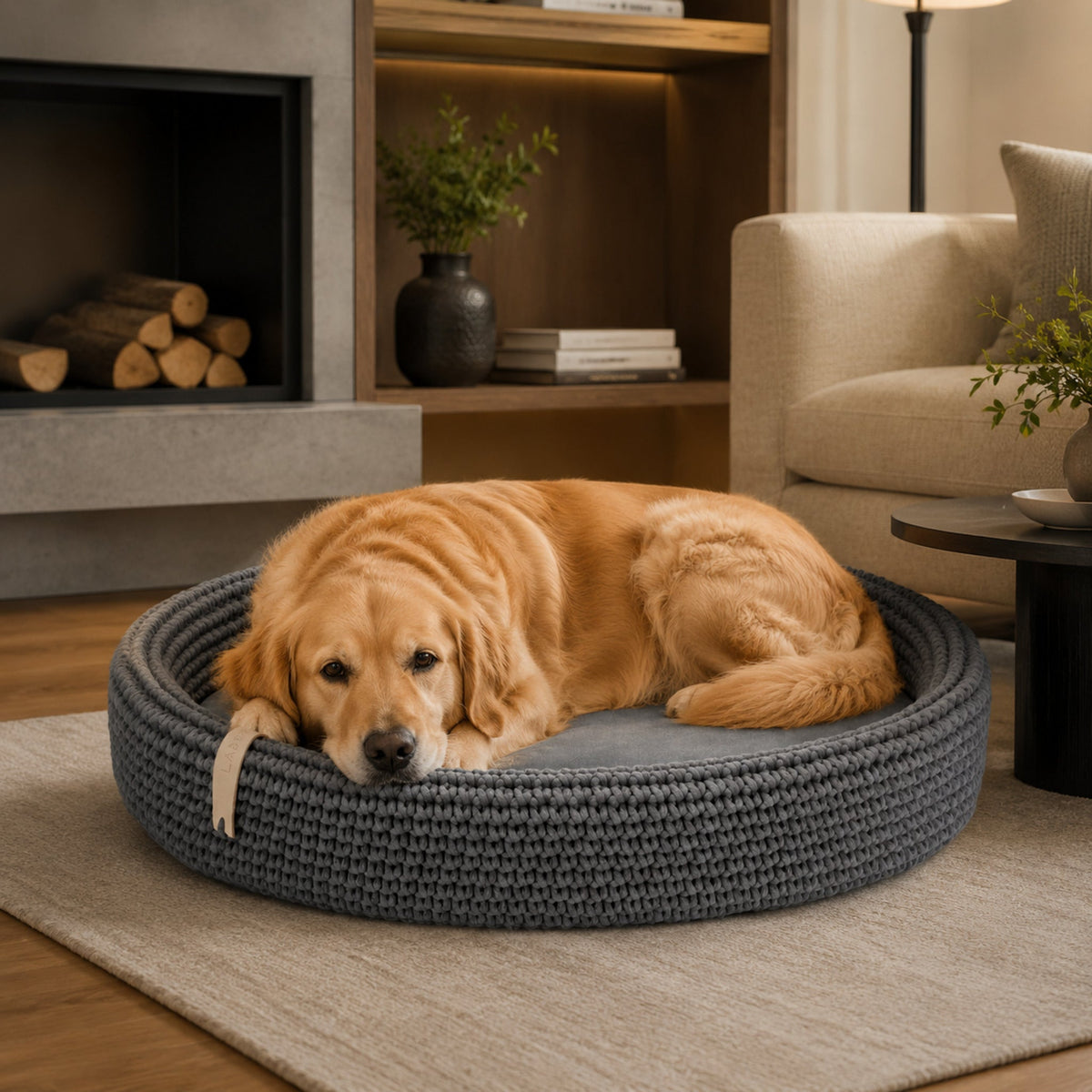Lukko handgeflochtenes Hundebett – Anthrazit – Elegante Wohnszene mit Haustier