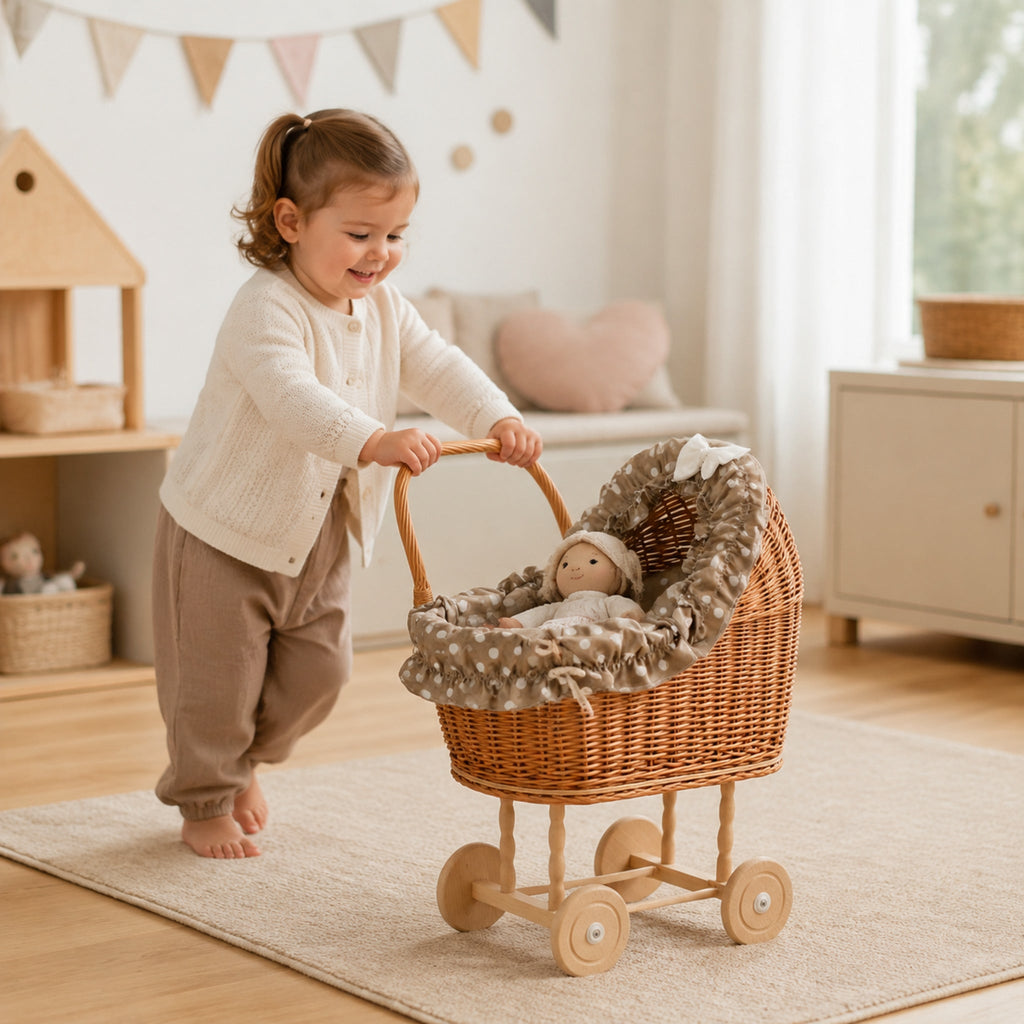 Kind schiebt den Lulu Puppenwagen mit Stoffpuppe