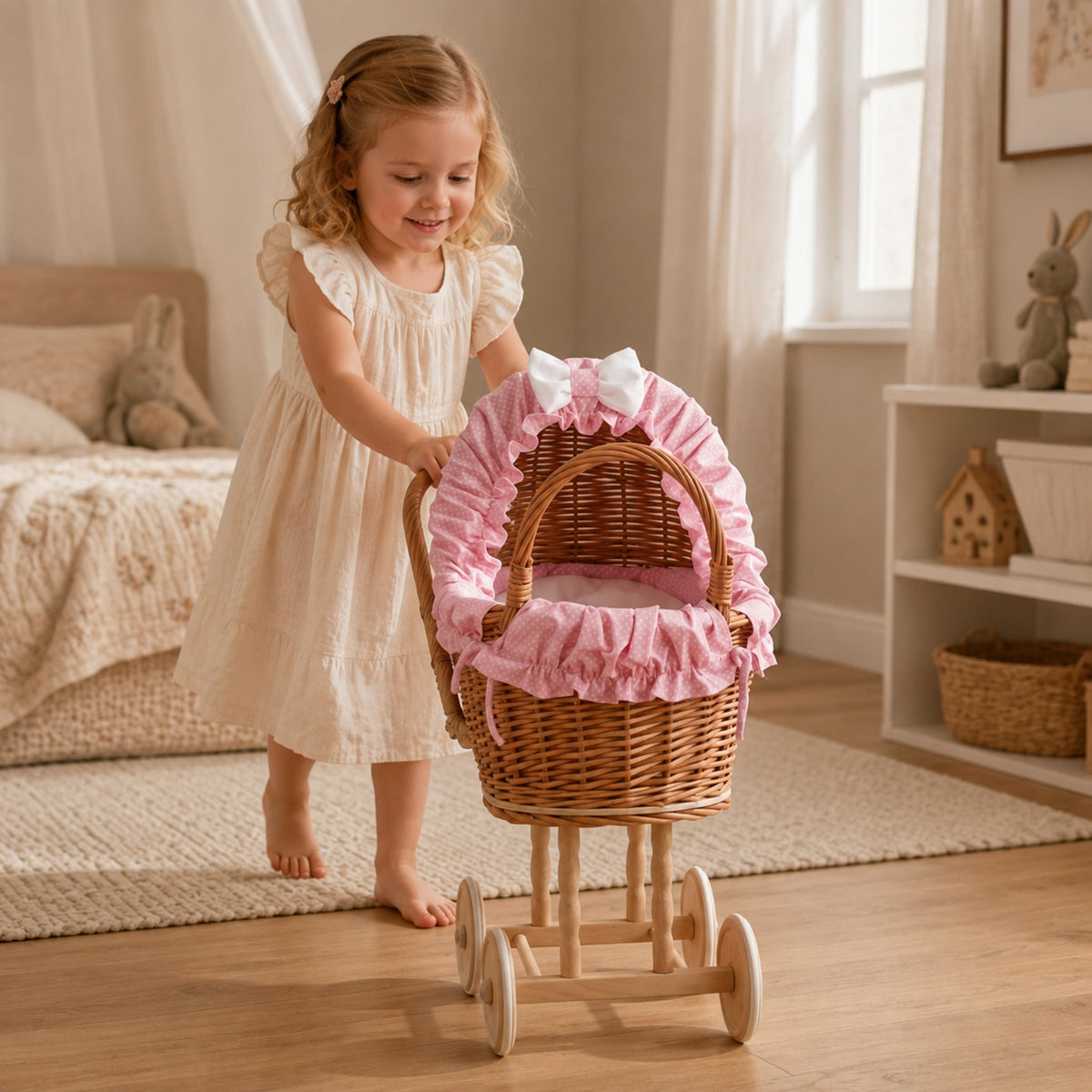 Kind spielt mit dem rosa Lulu Weiden-Puppenwagen