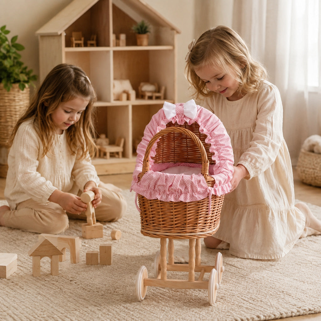 Zwei Kinder beim Rollenspiel mit Lulu Puppenwagen