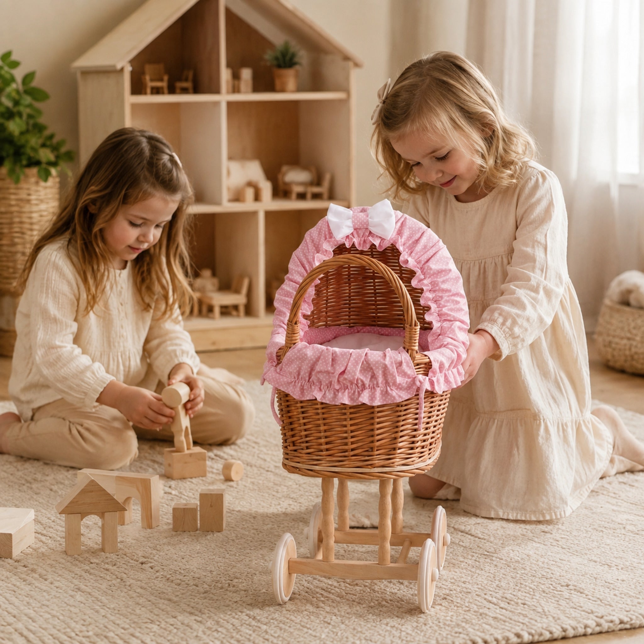 Zwei Kinder beim Rollenspiel mit Lulu Puppenwagen