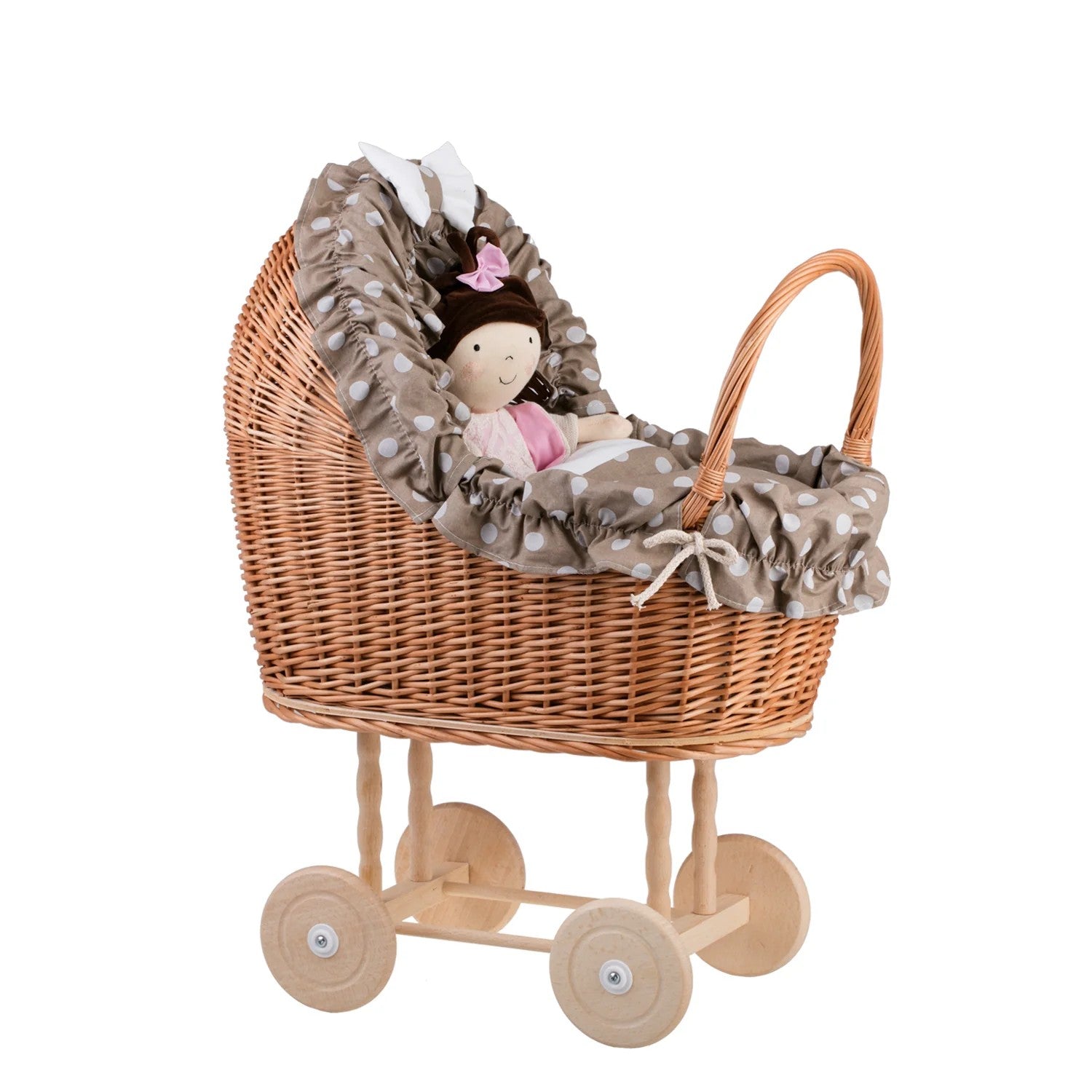 Lulu wicker doll stroller with beige trim, blanket, and pillow - Beige