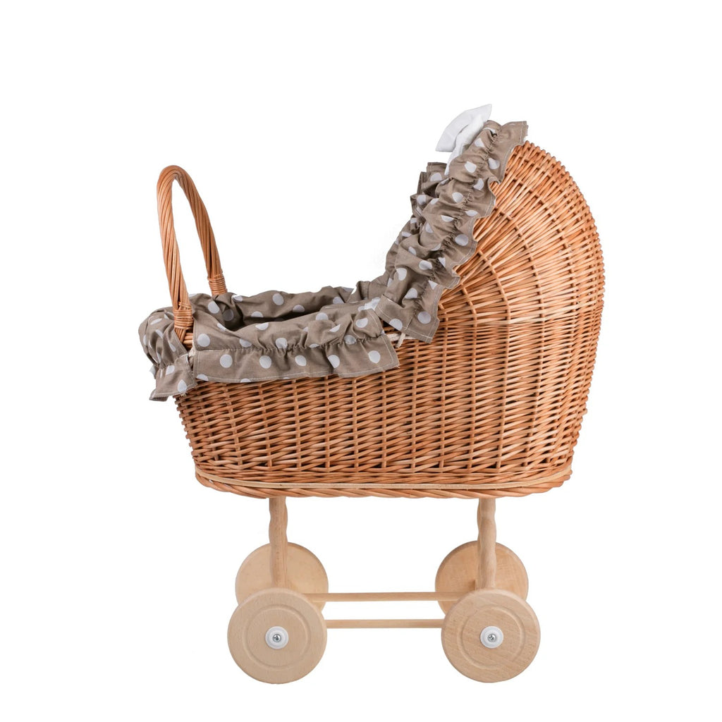 Lulu wicker doll stroller with beige trim, blanket, and pillow - Beige