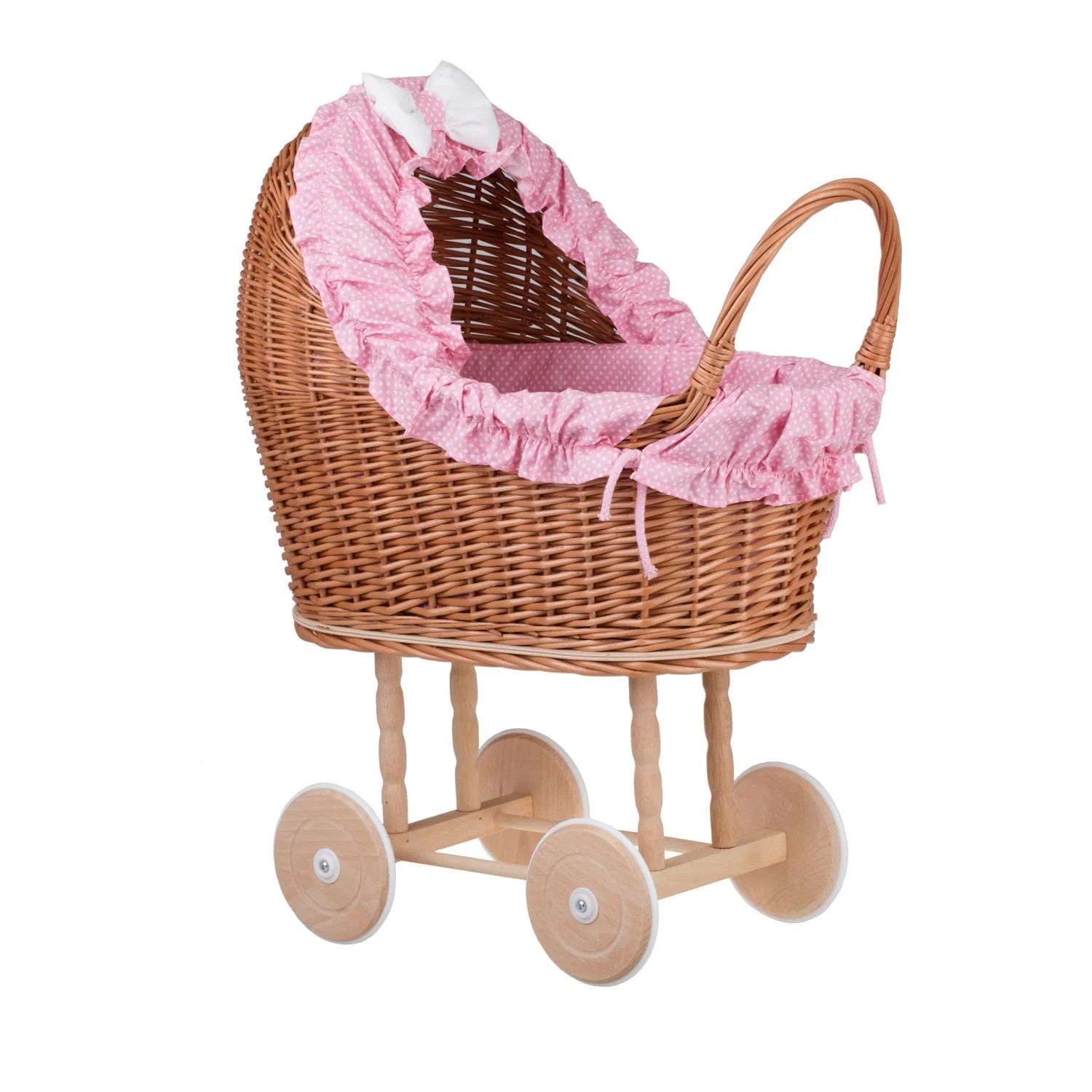 Lulu wicker doll stroller with pink trim, blanket, and pillow 