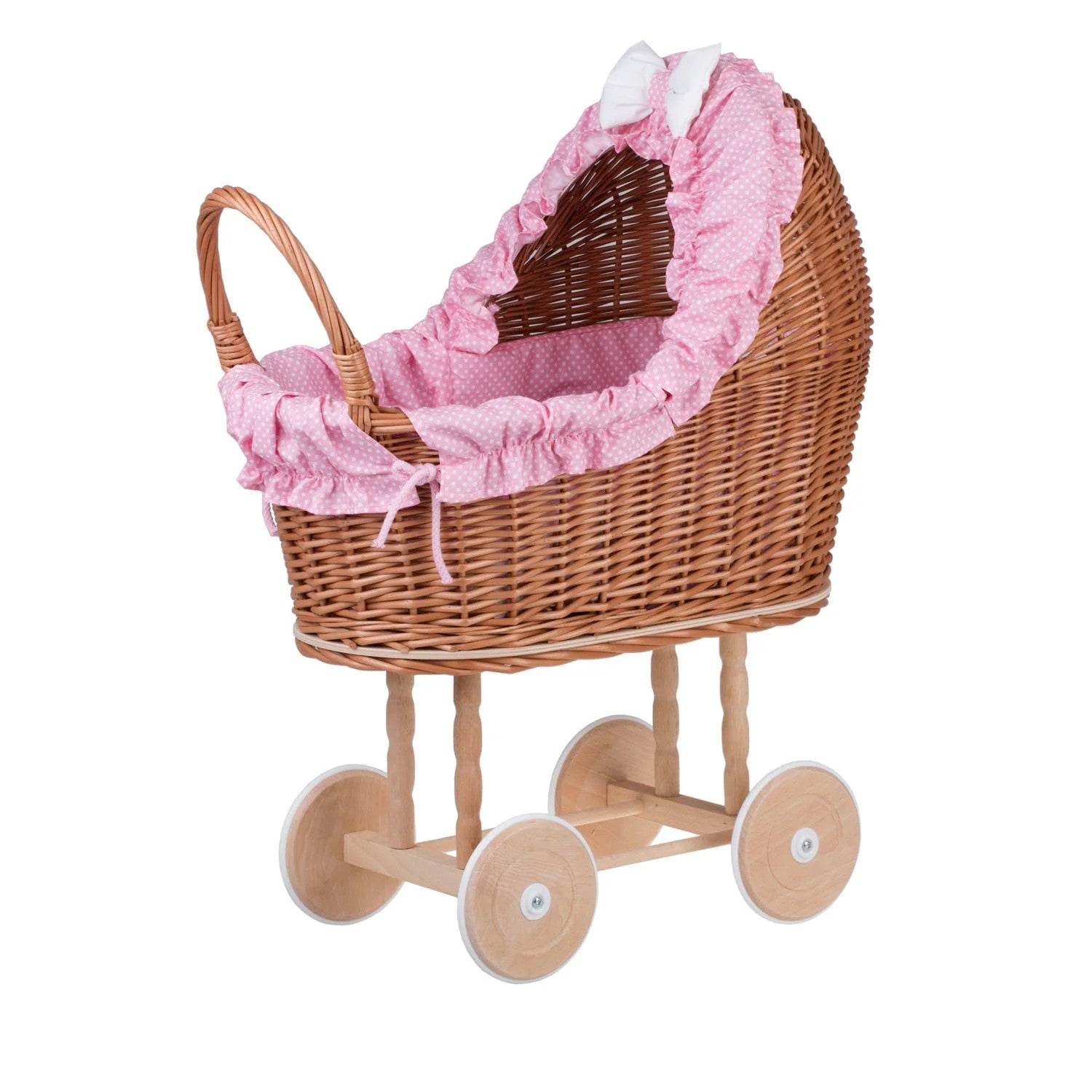 Lulu wicker doll stroller with pink trim, blanket, and pillow 