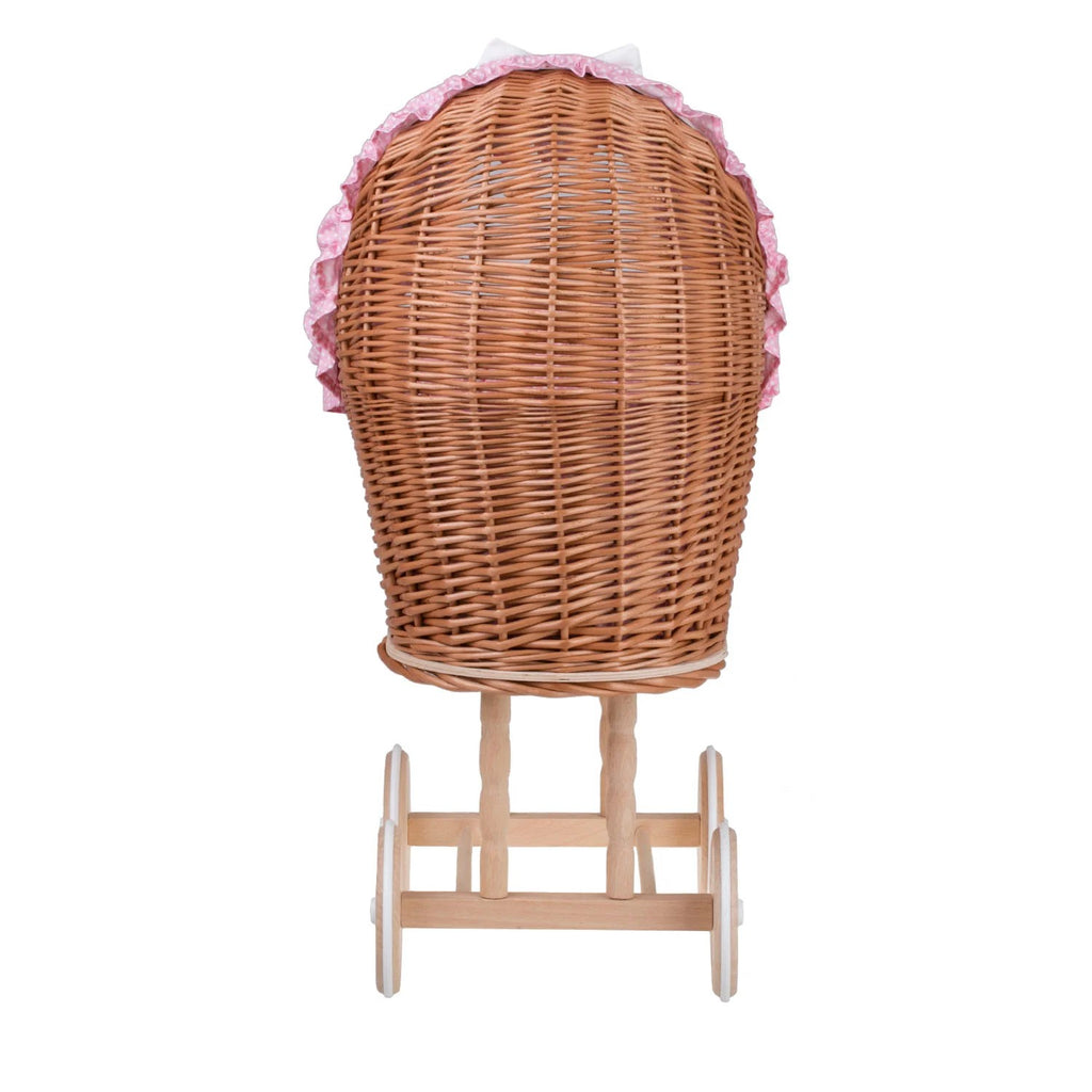 Lulu wicker doll stroller with pink trim, blanket, and pillow 